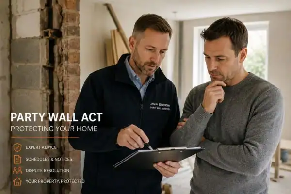 Party wall surveyor Maltby discussing extension plans with homeowner outside a UK semi-detached house.